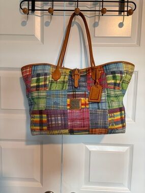 Dooney & Bourke Multicolor Madras Patchwork Tote with Brown Trim